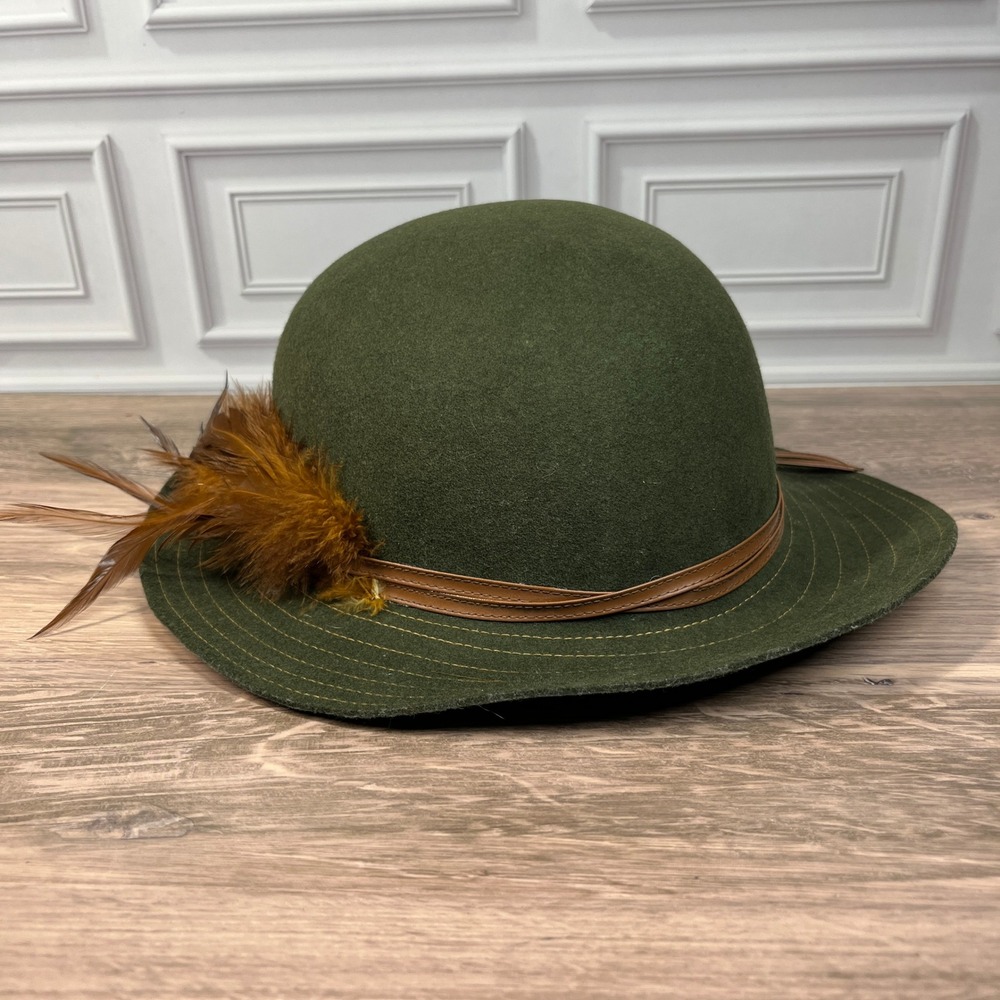 Betmar Wool Felt Hat Womens Forest Green‎ Leather Feather Band Vintage